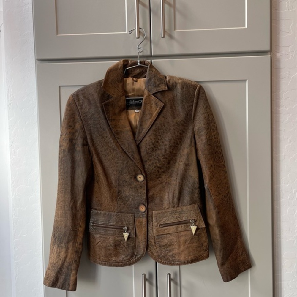 Vintage Julian K Brown Speckled Leather Blazer Jacket Button Luxury 40 Small